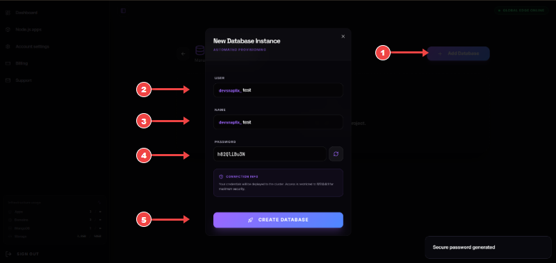 Create New Database Modal Settings